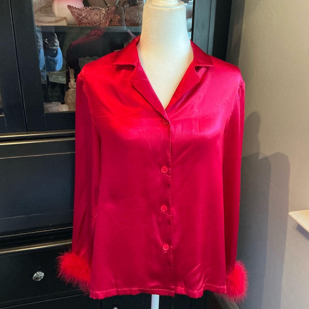 Sina Donatella Red Satin Blouse with Feather Cuffs